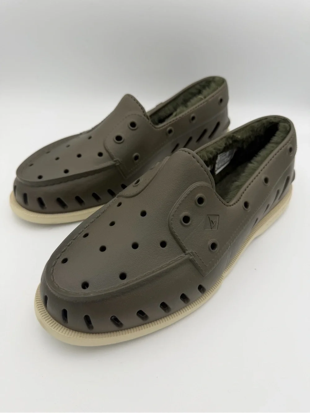 NEW Sperry A/O Float Cozy Faux-Fur Lined Boat Shoes Men's Size 10 olive green